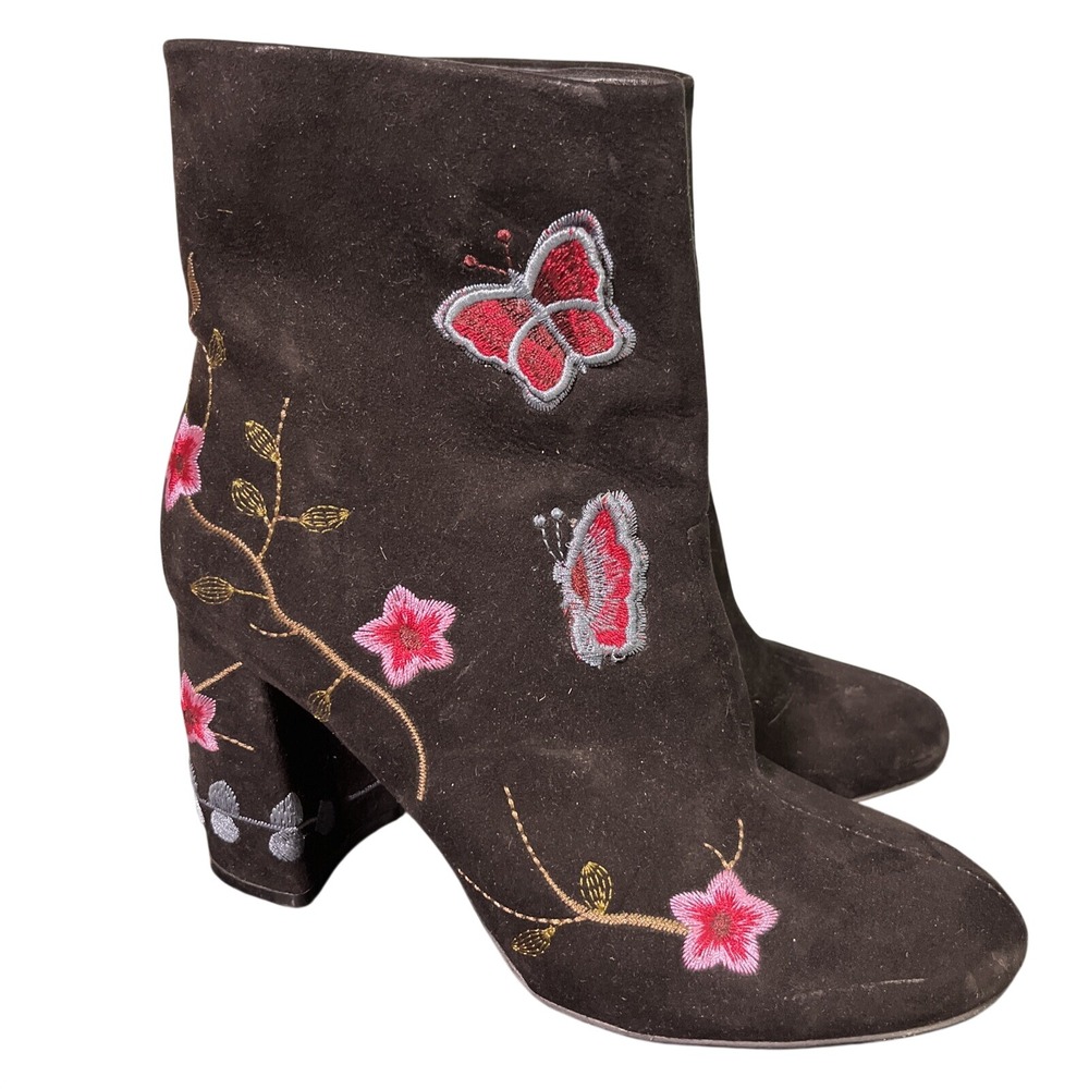 Nannette Lepore Lilly Ankle Boots Sz 6 Black Embroidered Floral Butterfly Block